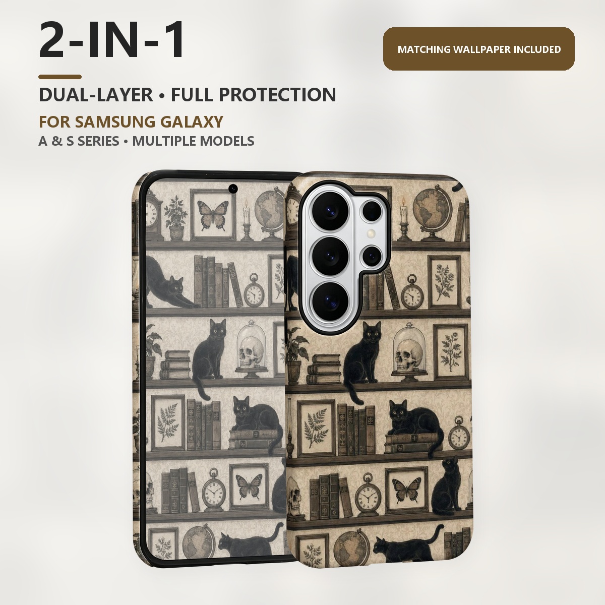 Bookshelf - Black Cat Bookshelf 2-in-1 Dual-Layer Phone